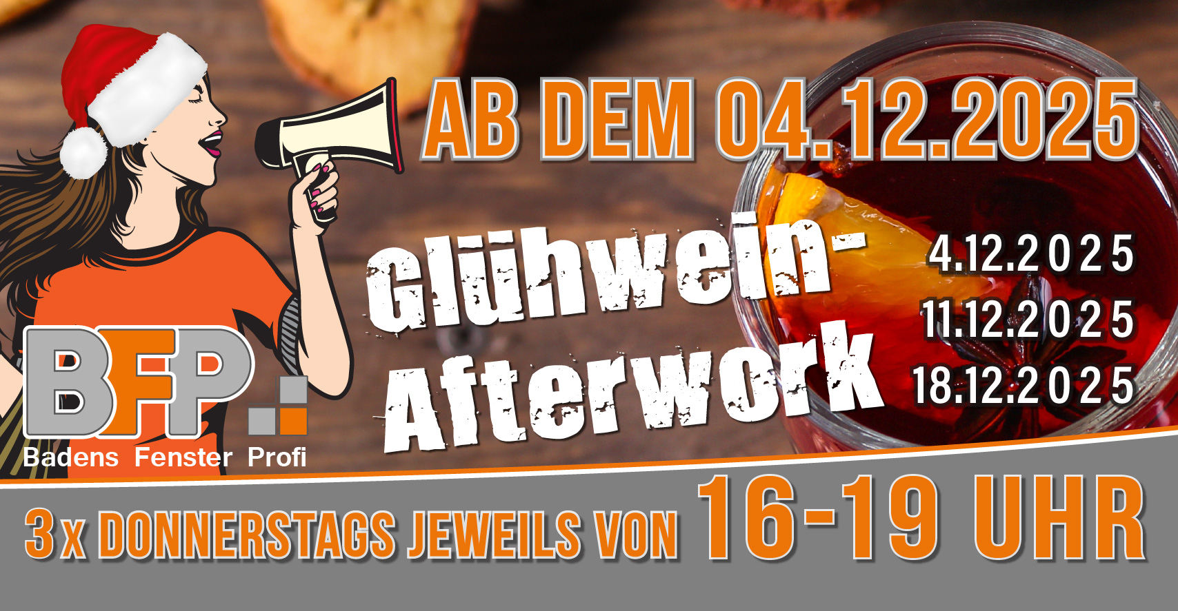  Ab dem 04.12.2025 wieder 3x Glühwein Afterwork bei BFP
